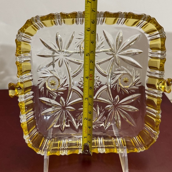 Waltherglass Germany Cut Glass Square Nut Dish 1960s Pineapple Yellow - Picture 5 of 7